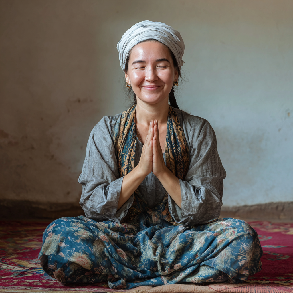 Smiling middle-aged Uzbek woman practicing yoga outdoors in traditional clothing, showing peaceful expression during morning meditation