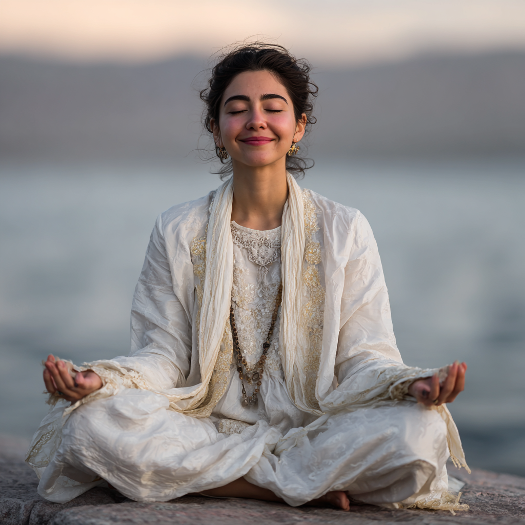 Elderly Uzbek man with peaceful smile holding a cup of herbal tea, sitting in meditation posture, showing healthy lifestyle choices