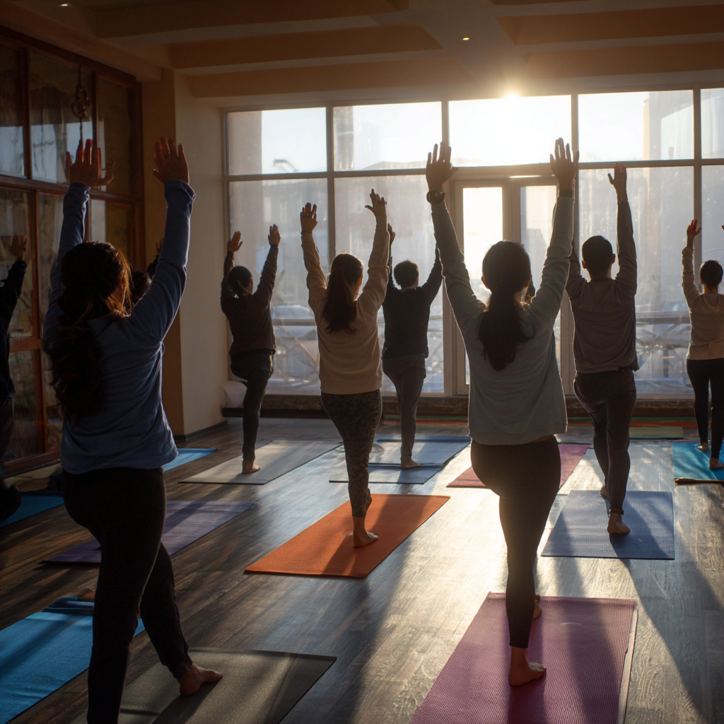 Young Uzbek woman with bright smile drinking water after yoga practice outdoors, showing healthy hydration habits in traditional setting